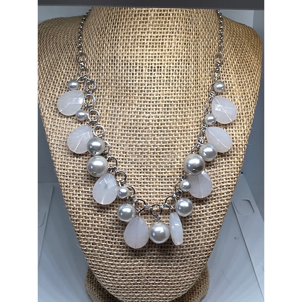 Beaded Statement Necklace Silver Tone Faux Pearl & Stone Accents